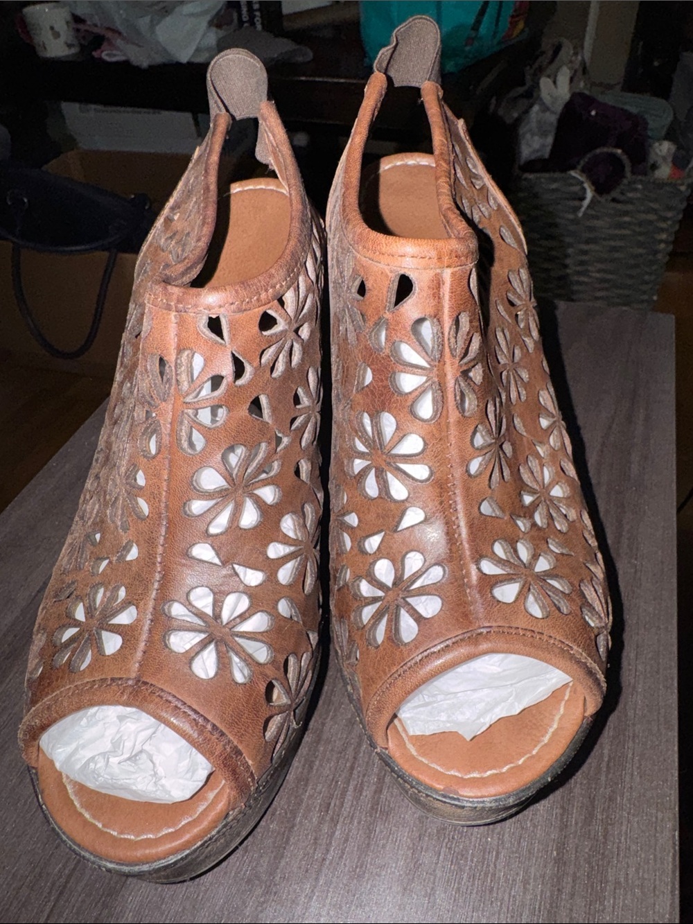 Very Volatile Tan Floral Cutout Peep-Toe Mules